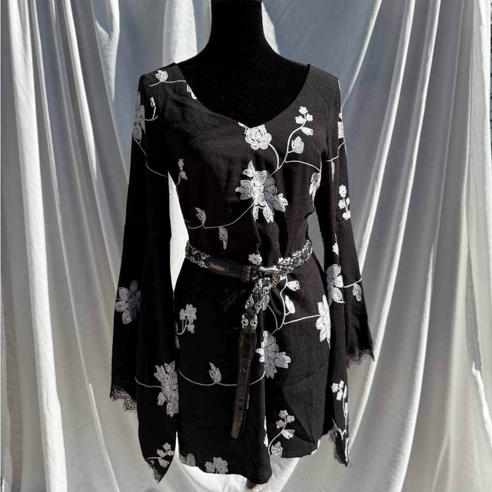 Y2k Boho embroidered flared sleeve Black Floral Dress
